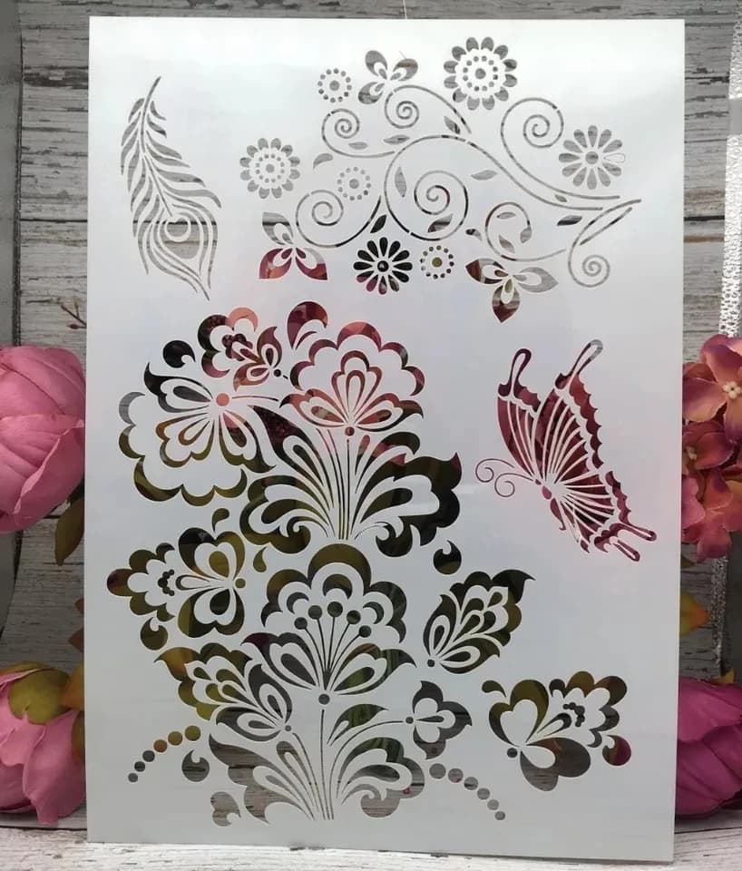 ECT 2115 Flowers Butterfly Peacock leaves Stencil A4 Size image 1