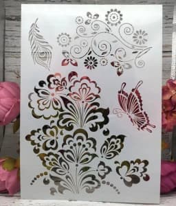 ECT 2115 Flowers Butterfly Peacock leaves Stencil A4 Size thumbnail 1