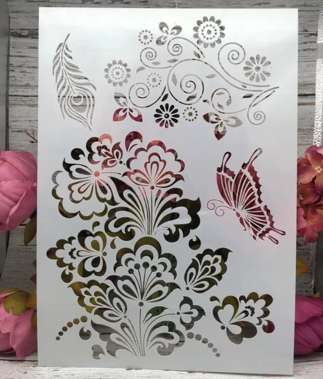ECT 2115 Flowers Butterfly Peacock leaves Stencil A4 Size